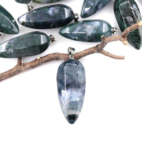 Natural Green Moss Agate Pendant Teardrop Crystal Pendulum Bead A4
