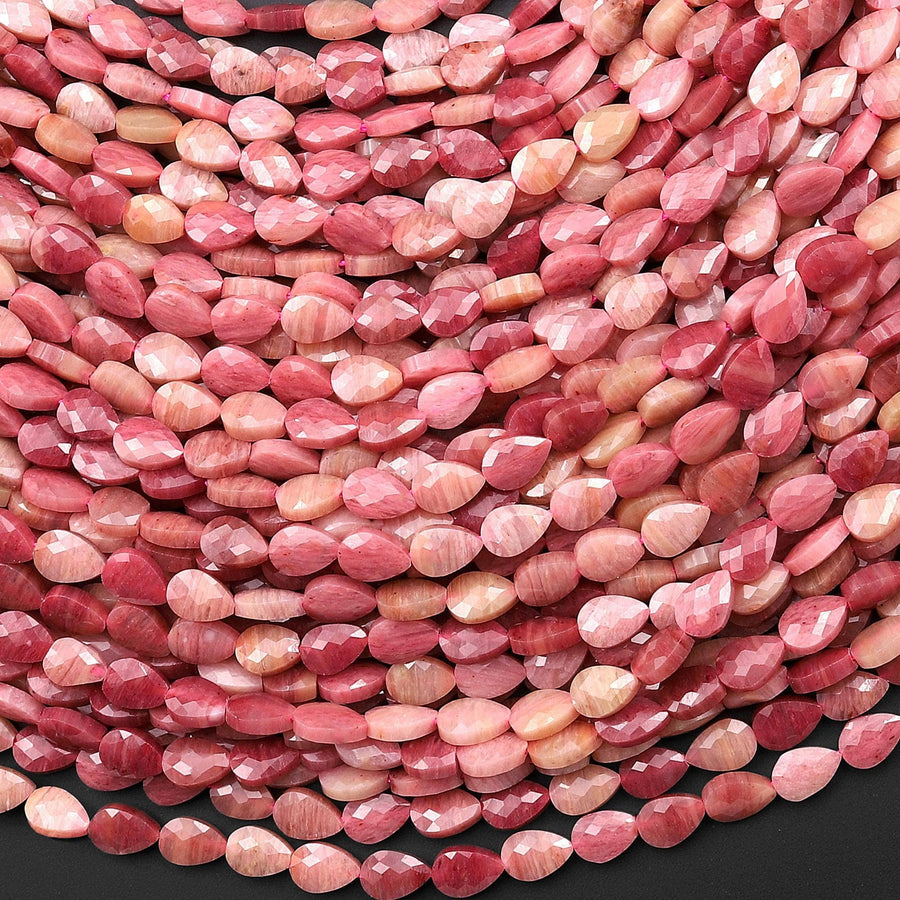 Faceted Natural Pink Petrified Rhodonite Leaf Teardrop Gemstone Beads 4x6mm 15.5" Strand