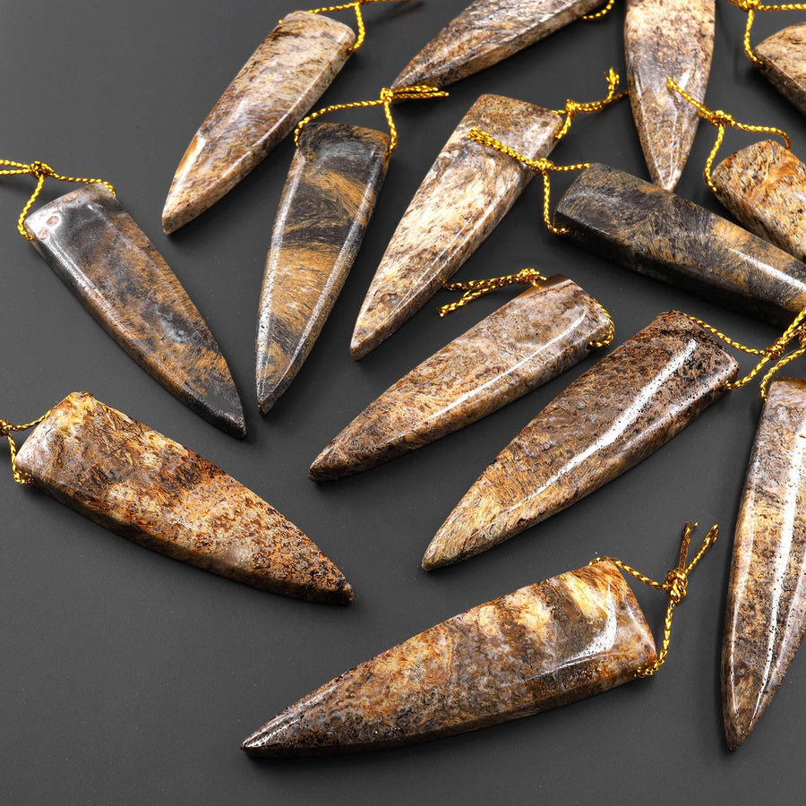 Rare Natural Brown Turkish Needle Agate Side Drilled Triangle Dagger Pendant