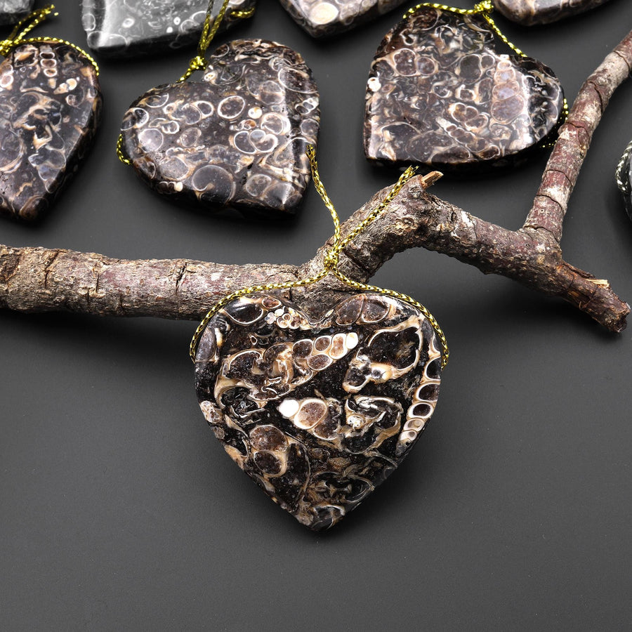 Natural Turritella Agate Fossil Side Drilled Heart Pendant from Wyoming USA