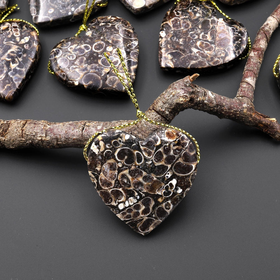 Natural Turritella Agate Fossil Side Drilled Heart Pendant from Wyoming USA