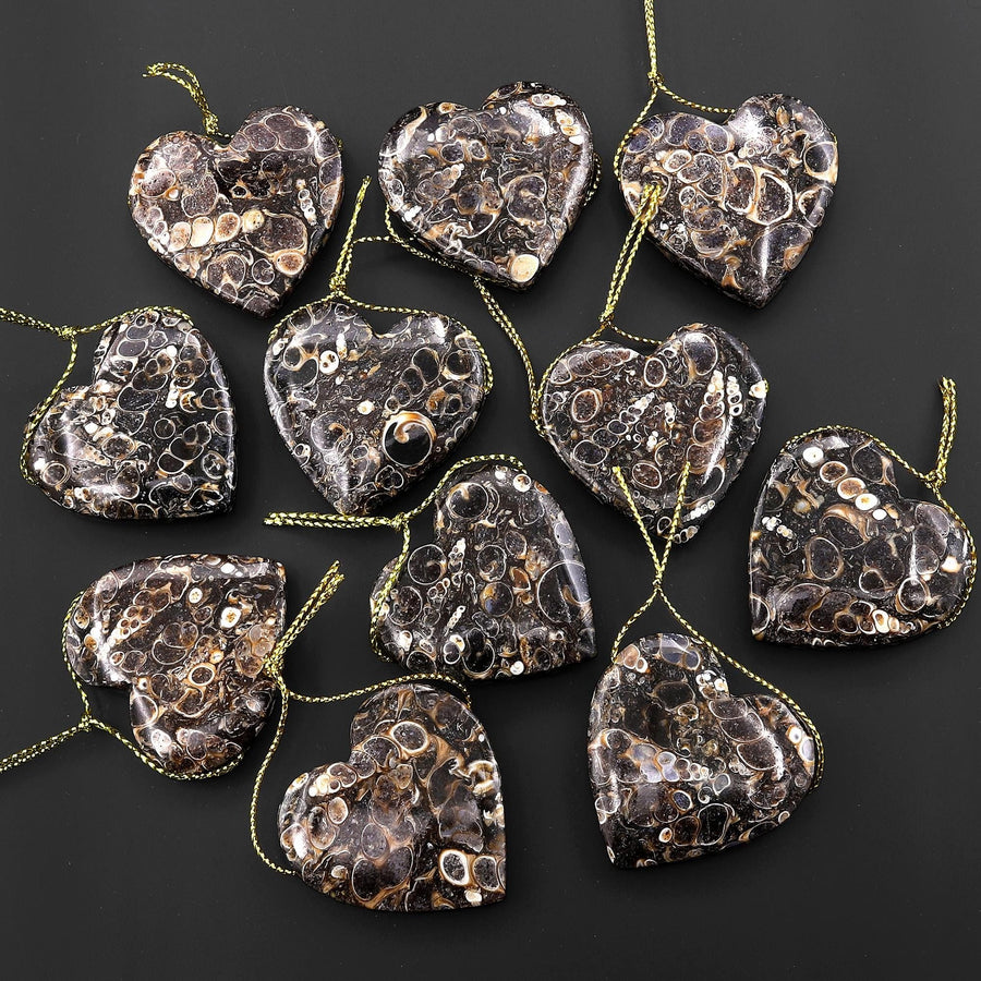 Natural Turritella Agate Fossil Side Drilled Heart Pendant from Wyoming USA