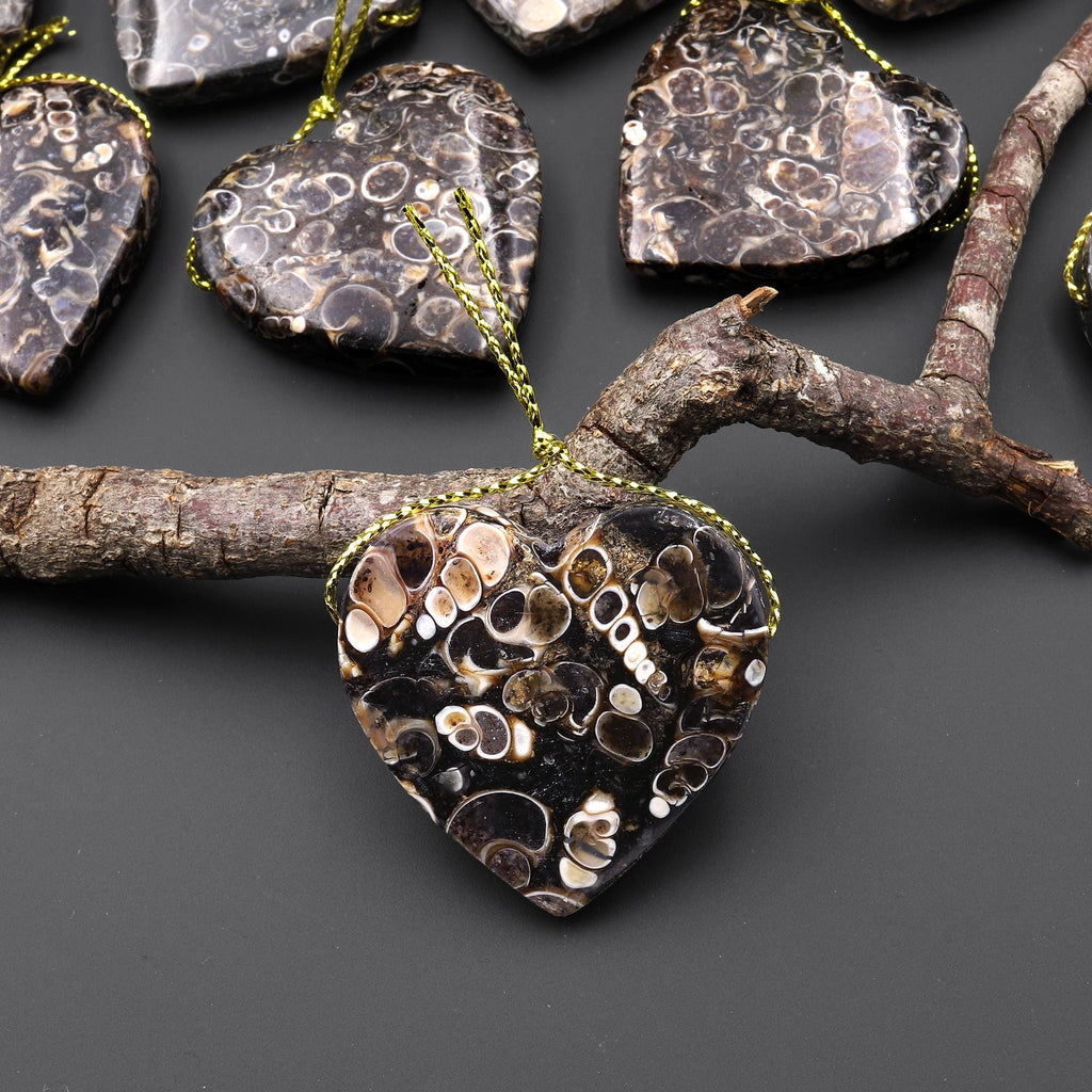 Natural Turritella Agate Fossil Side Drilled Heart Pendant from Wyoming USA