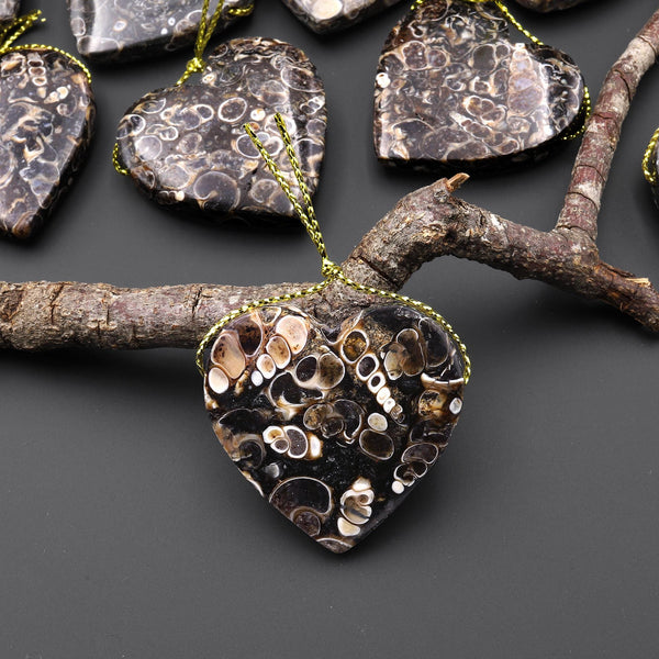 Natural Turritella Agate Fossil Side Drilled Heart Pendant from Wyoming USA