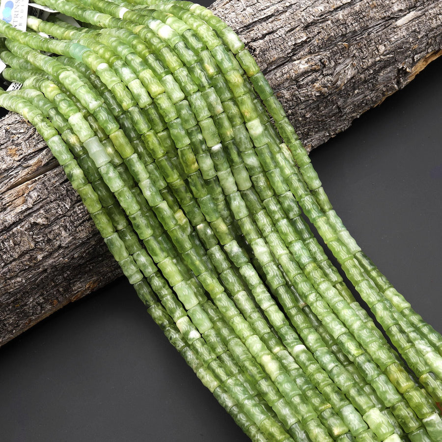 AAA Natural Celadon Green Jade Beads Smooth Rippled Tube 6x10mm 15.5" Strand
