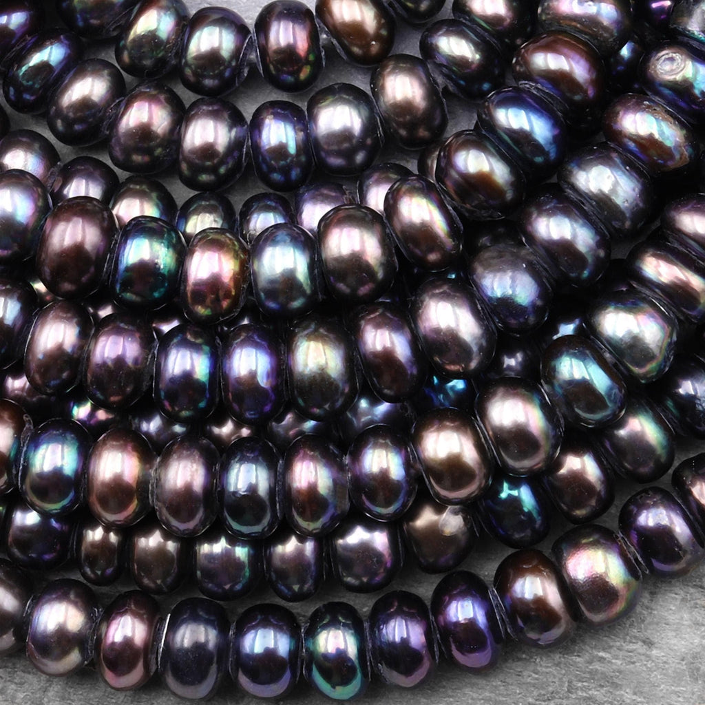 Large Hole Black Bronze Peacock Iridescent Genuine Freshwater Pearl Rondelle 10mm 8" Strand