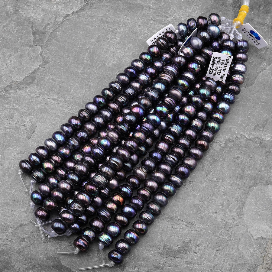 Large Hole Black Bronze Peacock Iridescent Genuine Freshwater Pearl Rondelle 11mm 12mm 13mm 14mm 8" Strand