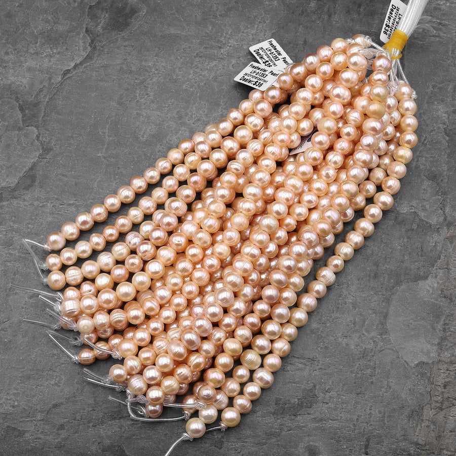 Large Hole Pearls Beads Natural Peach Genuine Freshwater Pearl Off Round Big 2mm Drill Hole 8" Strand