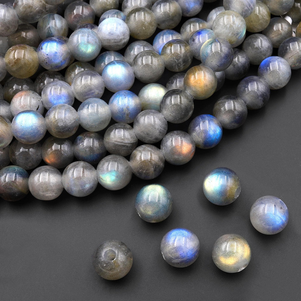 Large Hole Beads 3mm Drill Natural Labradorite 11mm 12mm Round Beads 8" Strand