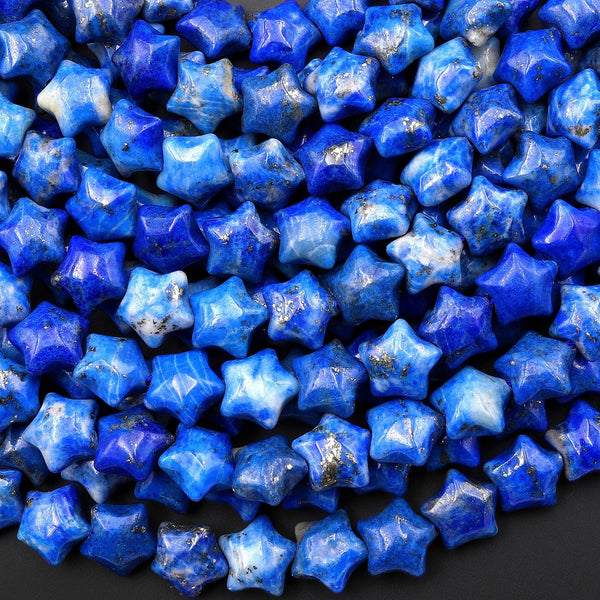 Natural Blue Denim Lapis w/ Pyrite Beads 10mm Puffy Star Gemstone 15.5" Strand