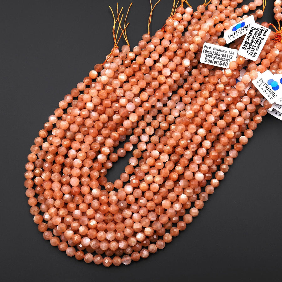 AAA Faceted Natural Peach Moonstone Round Beads 6mm 15.5" Strand