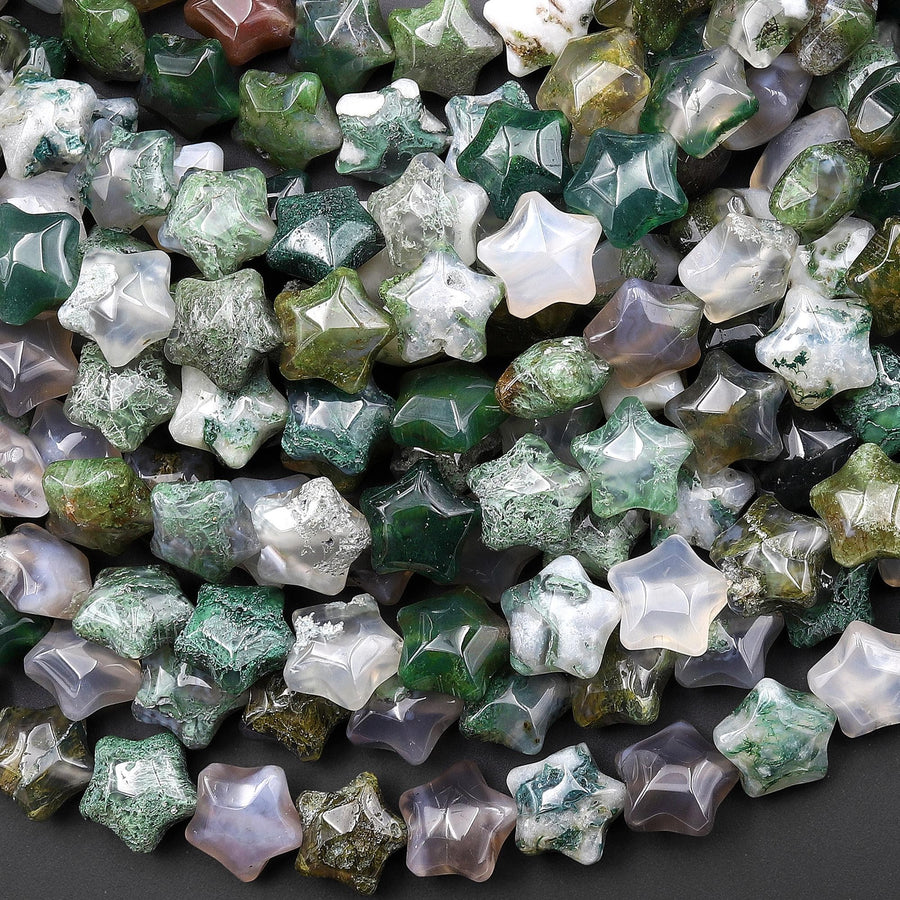 Natural Green Moss Agate Beads 10mm Puffy Star Gemstone 15.5" Strand