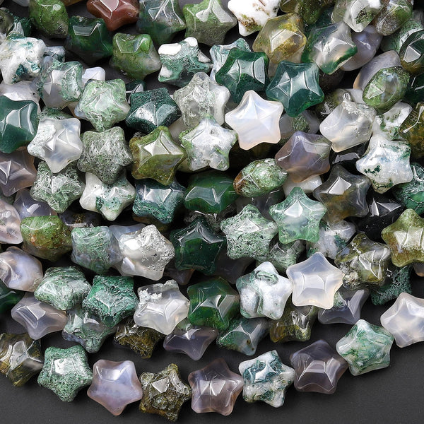 Natural Green Moss Agate Beads 10mm Puffy Star Gemstone 15.5" Strand
