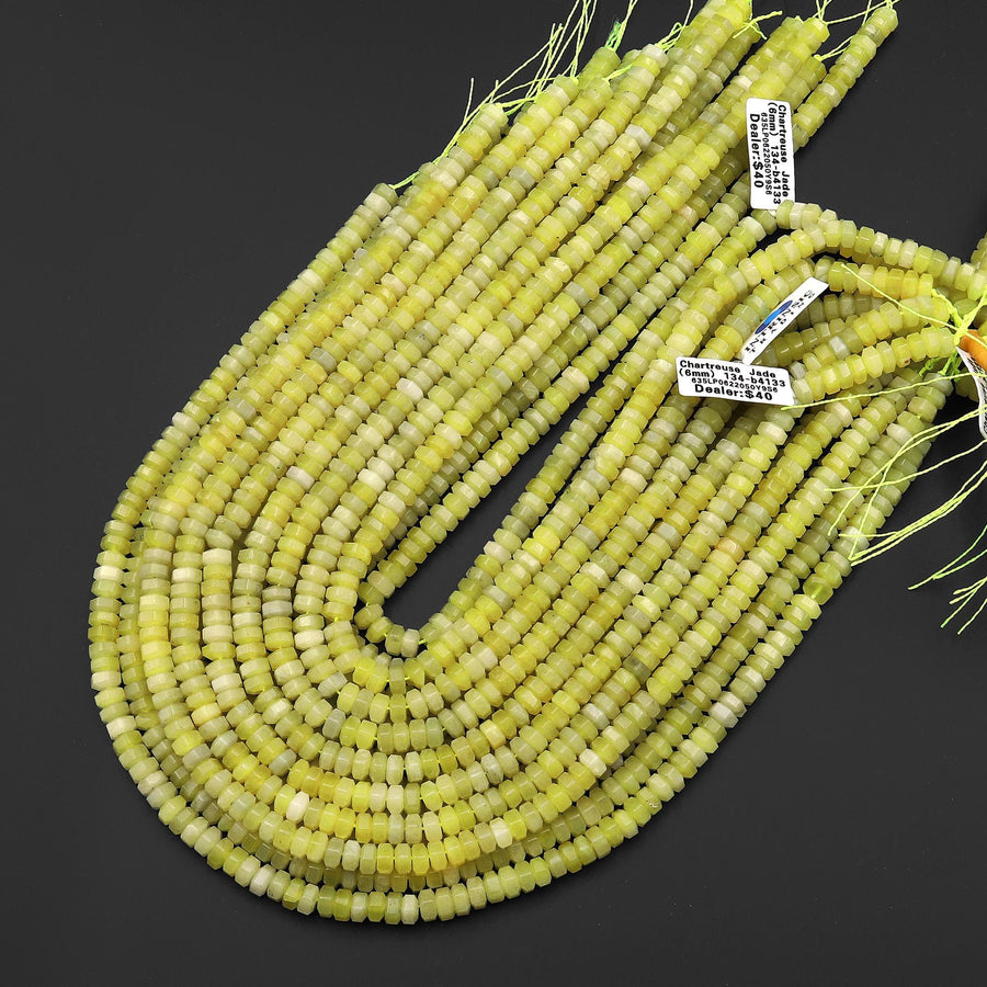 AAA Faceted Natural Chartreuse Jade Beads 6x3mm hexagon Heishi Rondelle 15.5" Strand