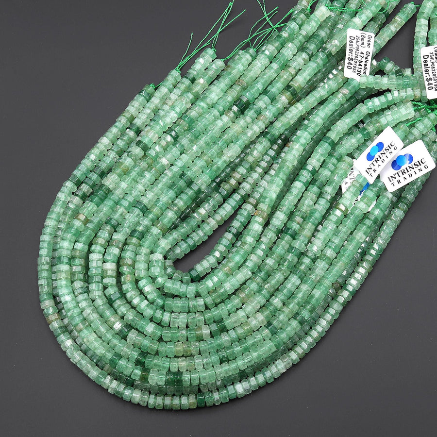 AAA Faceted Natural African Green Chalcedony Beads 6x3mm hexagon Heishi Rondelle 15.5" Strand