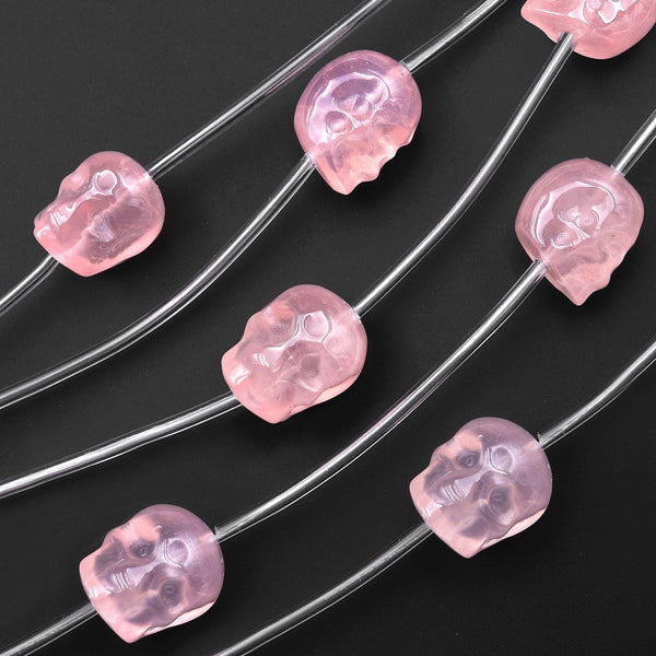 AAA Natural Pink Rose Quartz Hand Carved Skull Head Gemstone Crystal Beads