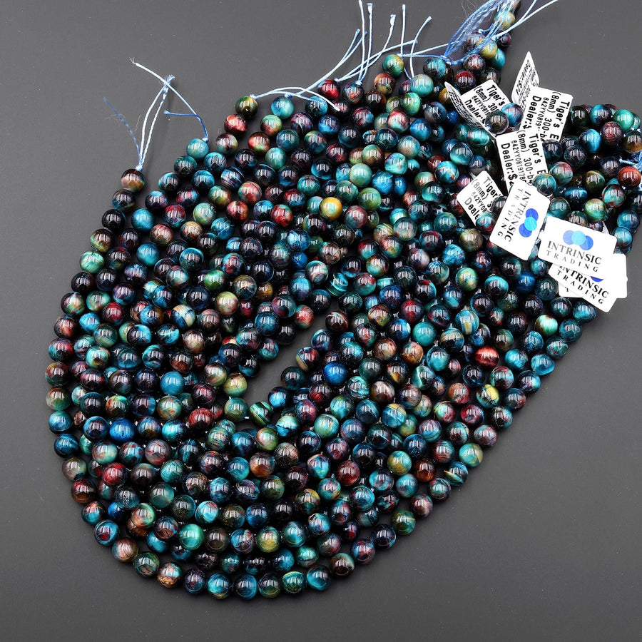 AAA Multicolor Rainbow Tiger's Eye 6mm 8mm 10mm Smooth Round Beads Aka Cosmic Tiger's Eye 15.5" Strand