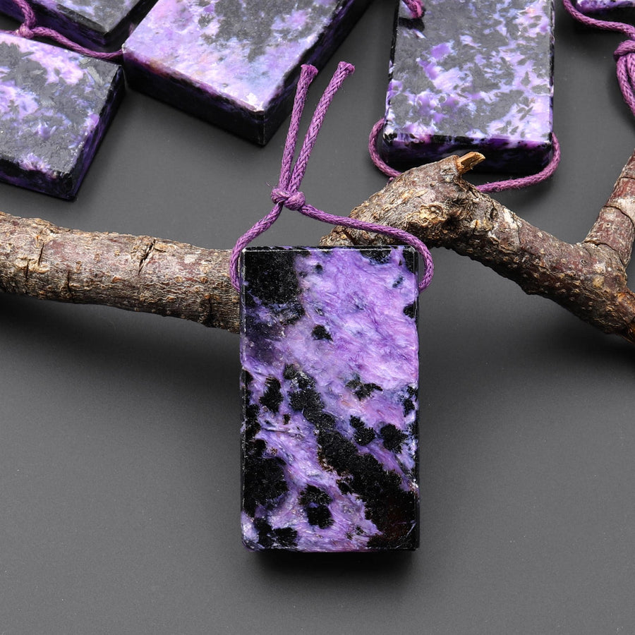 Natural Purple Charoite Black Aegirine Rectangle Tile Pendant Side Drilled Genuine Gemstone From Russia