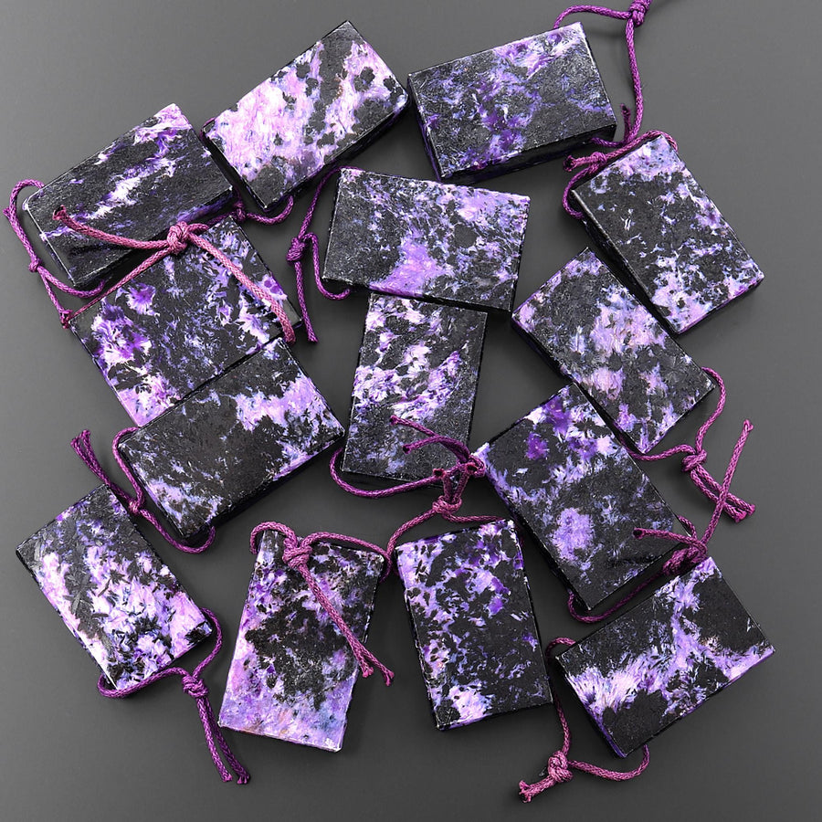 Natural Purple Charoite Black Aegirine Rectangle Tile Pendant Side Drilled Genuine Gemstone From Russia