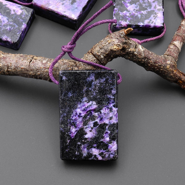Natural Purple Charoite Black Aegirine Rectangle Tile Pendant Side Drilled Genuine Gemstone From Russia A5