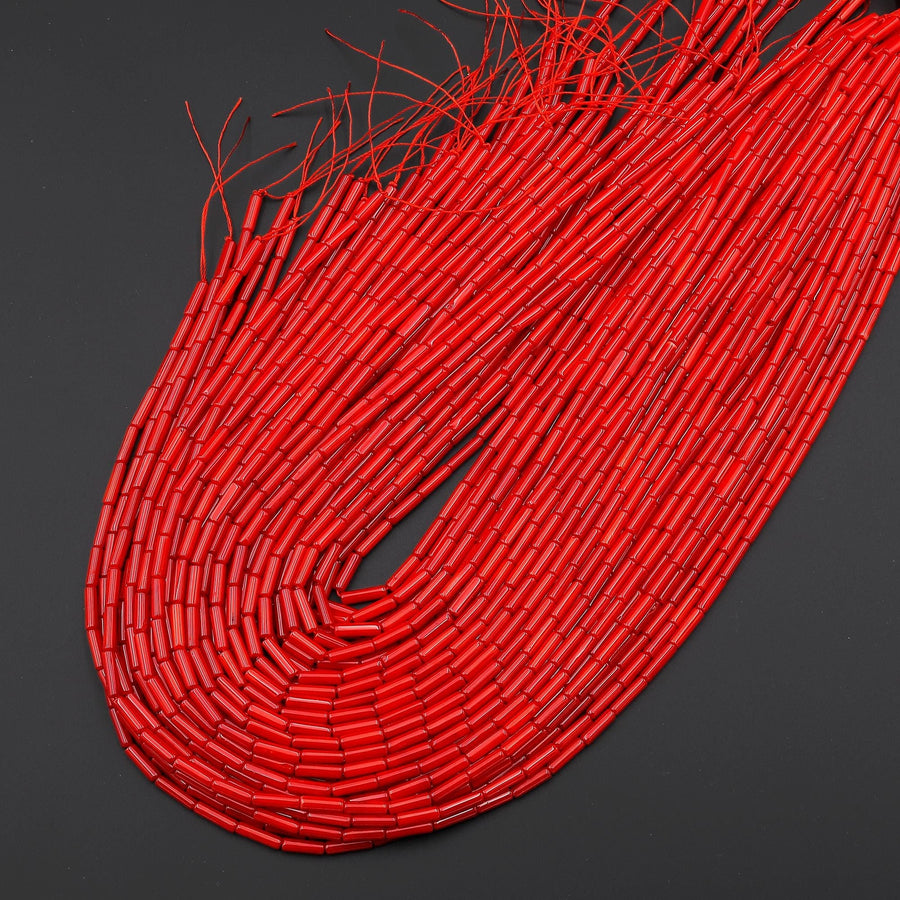 Genuine Red Bamboo Coral Smooth Thin Long Tube Cylinder 3x10mm Beads 15.5" Strand