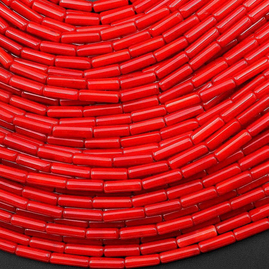 Genuine Red Bamboo Coral Smooth Thin Long Tube Cylinder 3x10mm Beads 15.5" Strand
