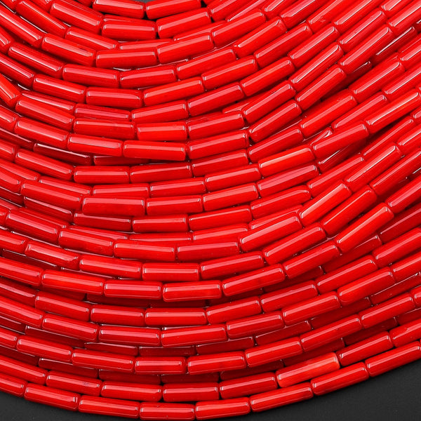 Genuine Red Bamboo Coral Smooth Thin Long Tube Cylinder 3x10mm Beads 15.5" Strand
