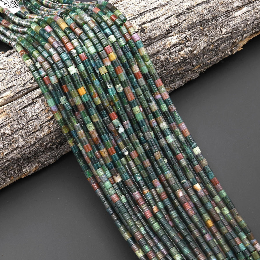 Natural Indian Agate 4x4mm Tube Cylinder Beads Aka Green Red Bloodstone 15" Strand