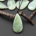 Natural Green Serpentine Jade Pendant Side Drilled Teardrop Gemstone