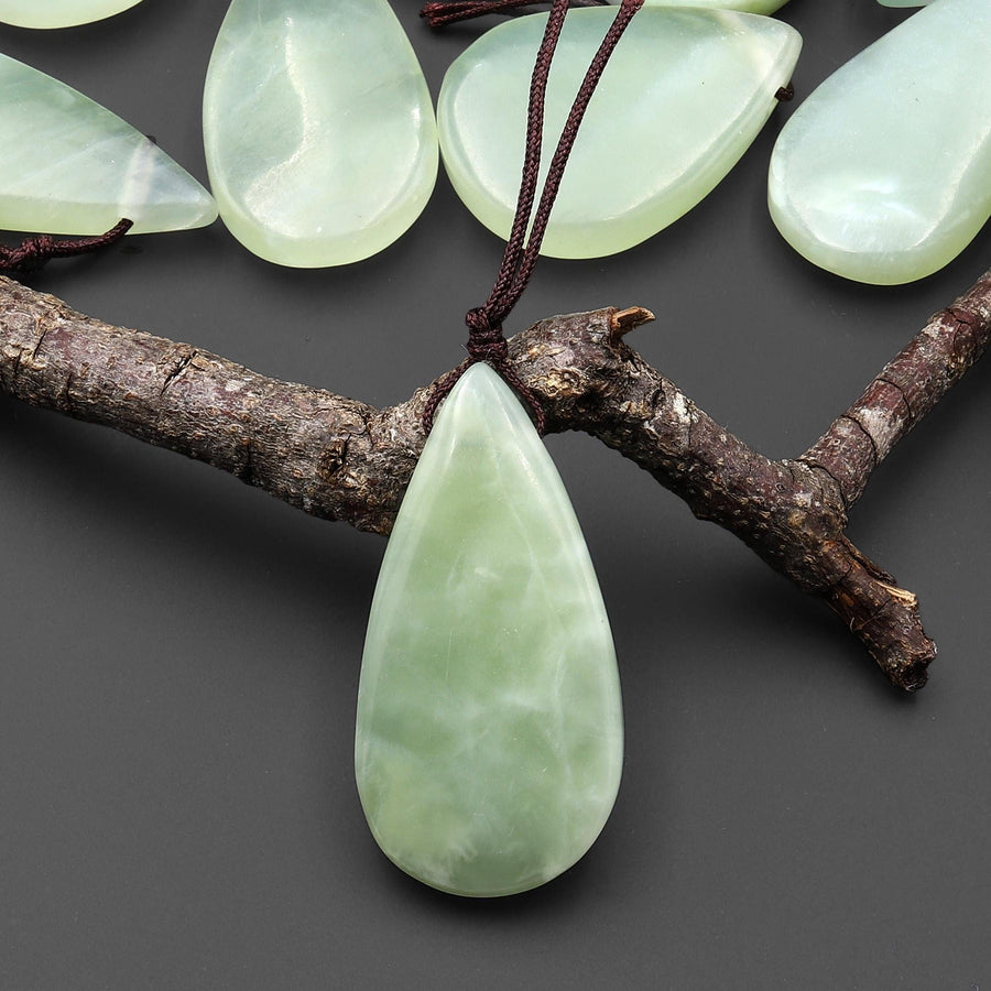 Natural Green Serpentine Jade Pendant Side Drilled Teardrop Gemstone