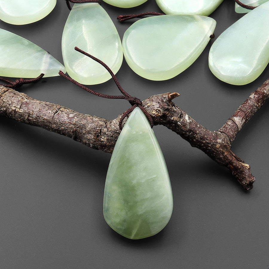Natural Green Serpentine Jade Pendant Side Drilled Teardrop Gemstone