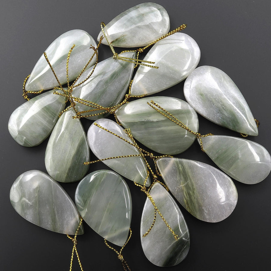 Natural Green Actinolite In Quartz Pendant Side Drilled Teardrop Gemstone