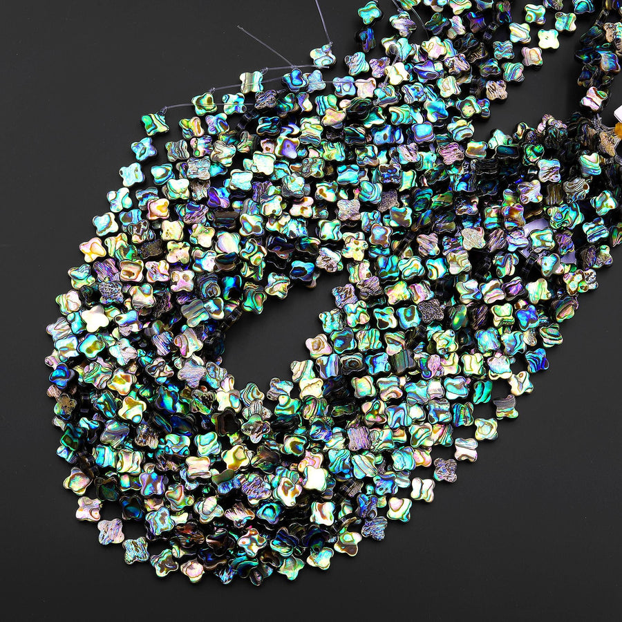 AAA Genuine Abalone Shell 10mm 12mm 4 Four Leaf Clover Beads Iridescent Rainbow flashes 15.5" Strand