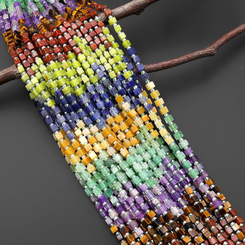 Multicolor Natural Gemstone 4mm Smooth Cube Beads Blue Aventurine Olive Jade Red Jasper Tiger's Eye Amethyst Green Chalcedony 15.5" Strand