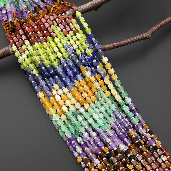 Multicolor Natural Gemstone 4mm Smooth Cube Beads Blue Aventurine Olive Jade Red Jasper Tiger's Eye Amethyst Green Chalcedony 15.5" Strand