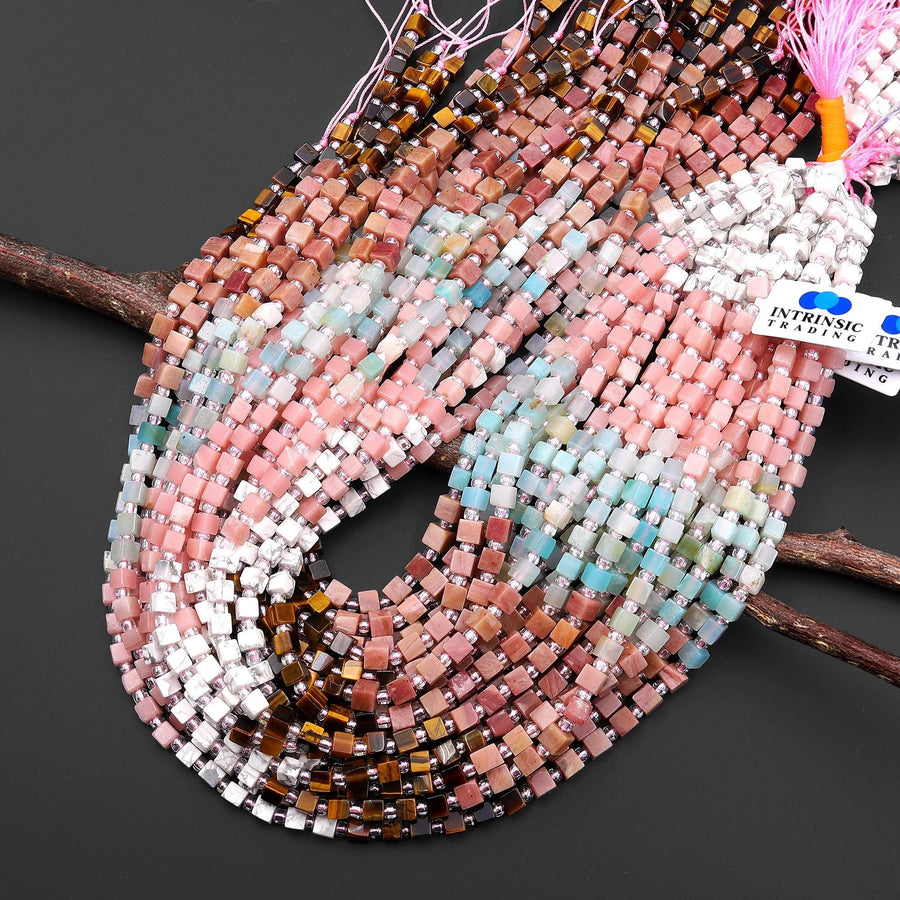 Multicolor Natural Gemstone 4mm Smooth Cube Beads Howlite Pink Opal Amazonite Rhodonite Tiger's Eye 15.5" Strand