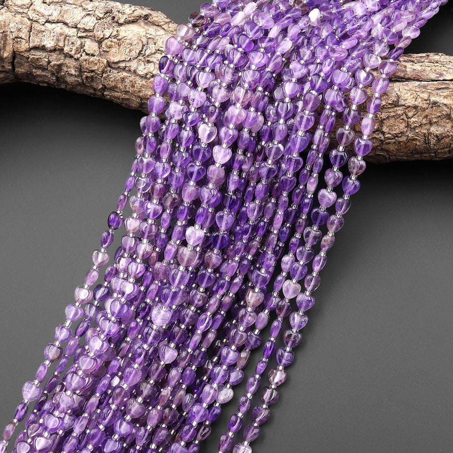 Natural Natural Purple Amethyst Carved Heart Beads 6mm Gemstone 15.5" Strand