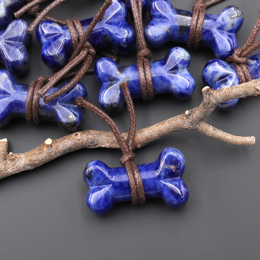 Carved Natural Blue Sodalite Dog Bone Home decoration Crystal Carvings Healing Palm Pocket Stone Gifts A1