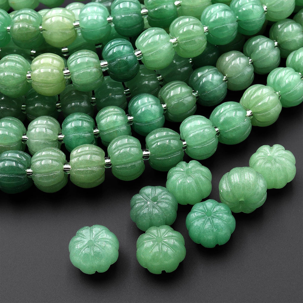 AAA Hand Carved Natural Green Aventurine 12mm Pumpkin Melon Rondelle Beads 7.5" Strand