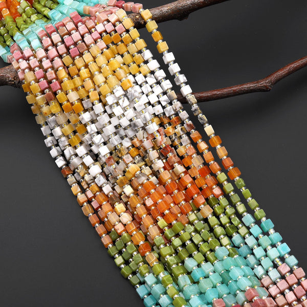 Multicolor Natural Gemstone 4mm Smooth Cube Beads Carnalian Green Jade Amazonite Rhodonite Aventurine Howlite Crazy Lace Agate 15.5" Strand