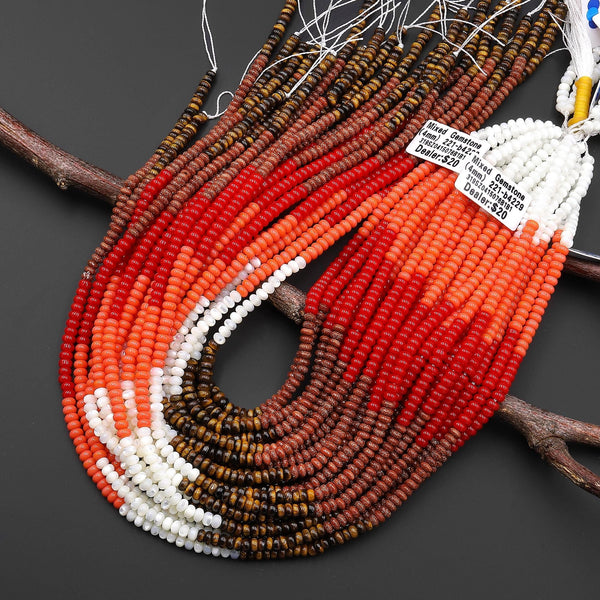 Multicolor Sunset Earth Mix 4mm Smooth Rondelle Beads Mother of Pearl Tiger's Eye Goldstone Red Orange Coral Colored Jade 15.5" Strand