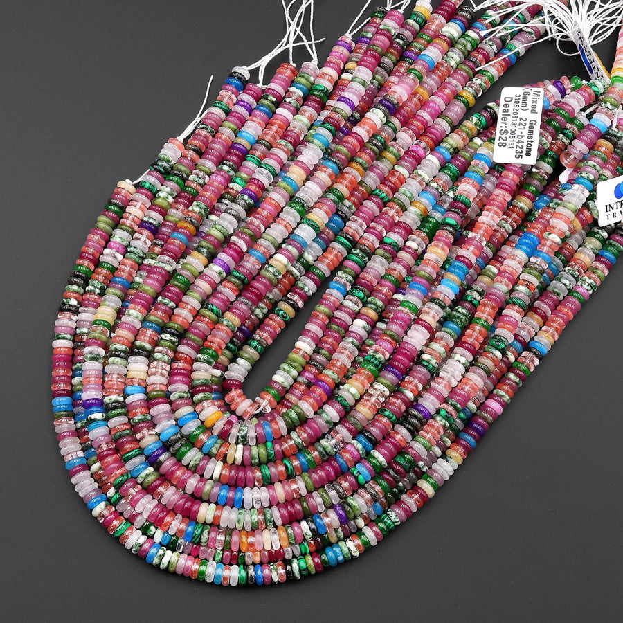 Joyful Harmony Mix - Multi-Color Gemstone 6mm Thin Smooth Rondelle Quartz Jade Green Tree Agate Beads 15.5" Strand