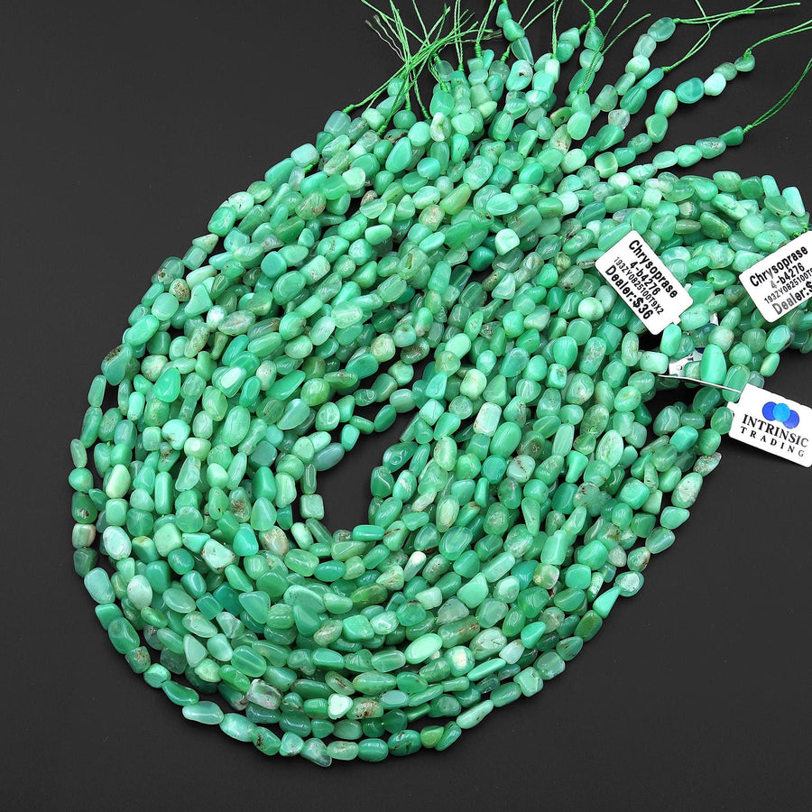 Natural Australian Green Chrysoprase Beads Freeform Pebble Nuggets Vertically Drilled 15.5" Strand