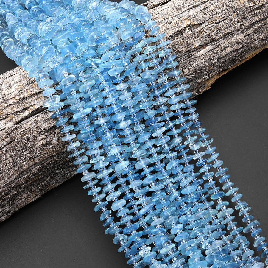 AAA Natural Blue Aquamarine Freeform Rondelle Center Drilled Beads 15.5" Strand