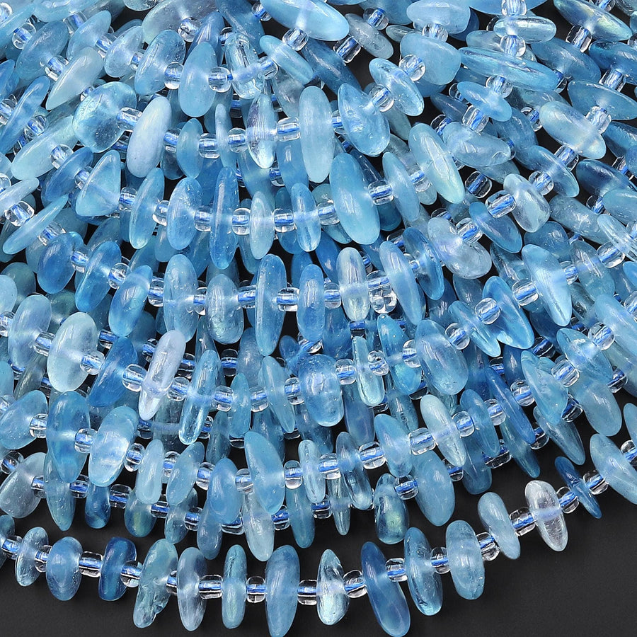 AAA Natural Blue Aquamarine Freeform Rondelle Center Drilled Beads 15.5" Strand