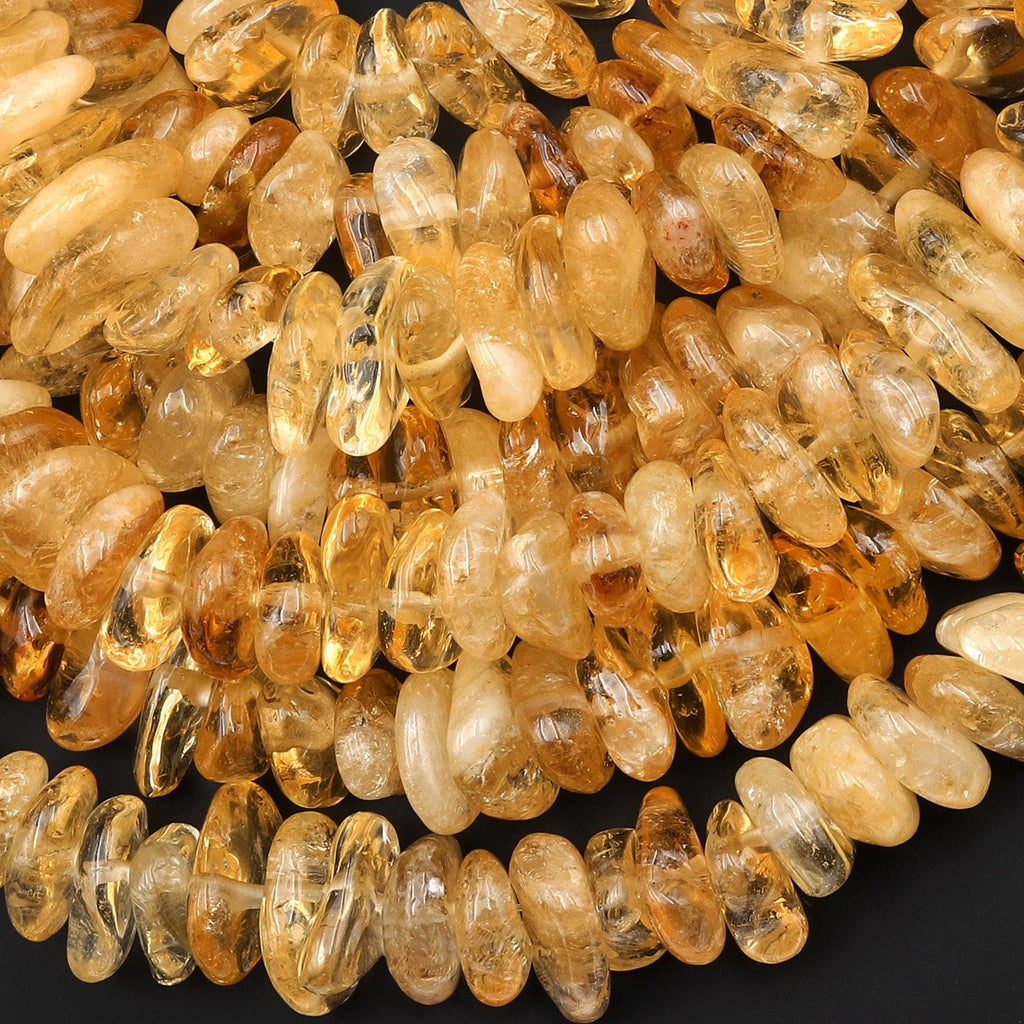 Large Thick Natural Golden Yellow Citrine Freeform Rondelle Center Drilled Beads 15.5" Strand