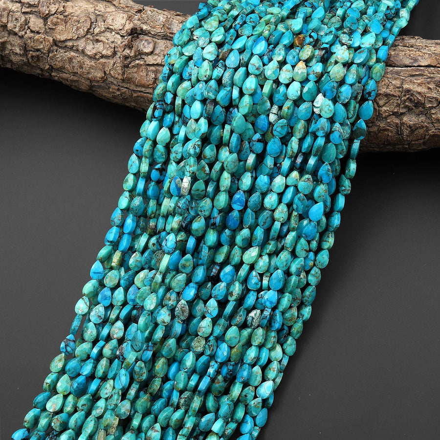 Faceted Genuine Natural Blue Turquoise Leaf Teardrop Gemstone Beads 4x6mm 15.5" Strand