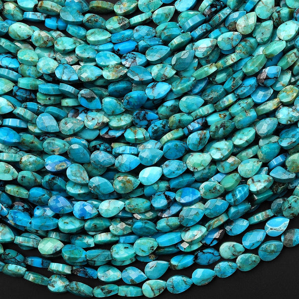 Faceted Genuine Natural Blue Turquoise Leaf Teardrop Gemstone Beads 4x6mm 15.5" Strand