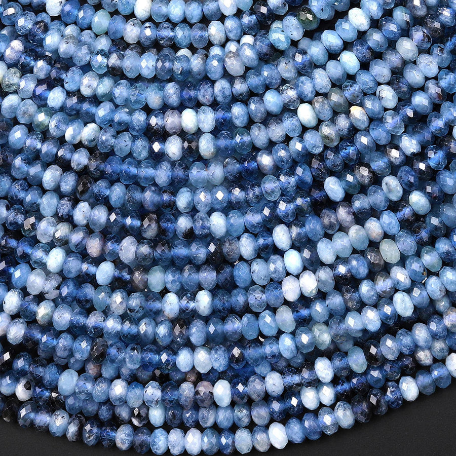 Faceted Natural Stormy Blue Santa Maria Aquamarine 4mm Rondelle Beads Gemstone 15.5" Strand