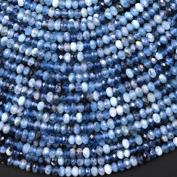 Faceted Natural Stormy Blue Santa Maria Aquamarine 4mm Rondelle Beads Gemstone 15.5" Strand